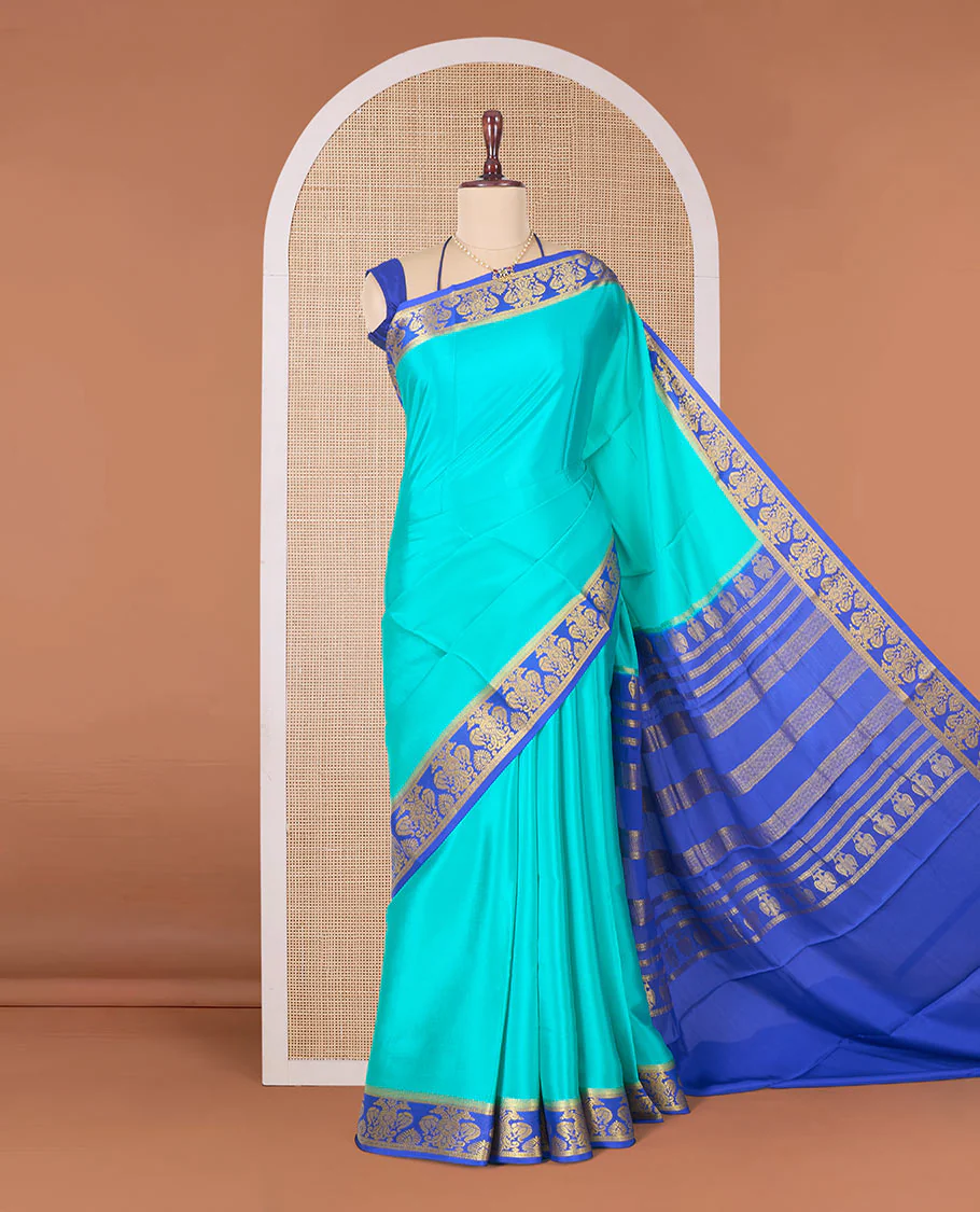 Green plain Mysore silk saree, contrast two-headed eagle border, and pallu of traditional designs - Image 2
