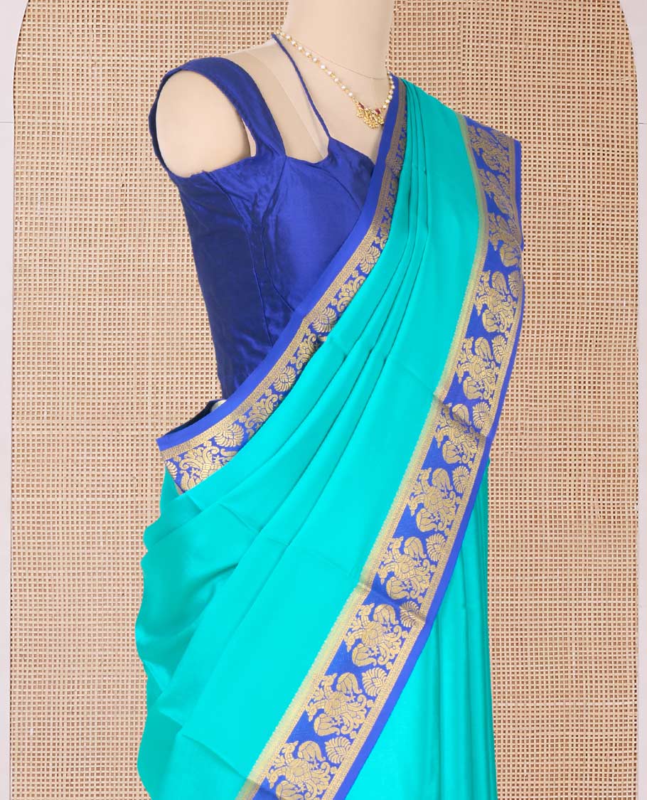 Green plain Mysore silk saree, contrast two-headed eagle border, and pallu of traditional designs - Image 3