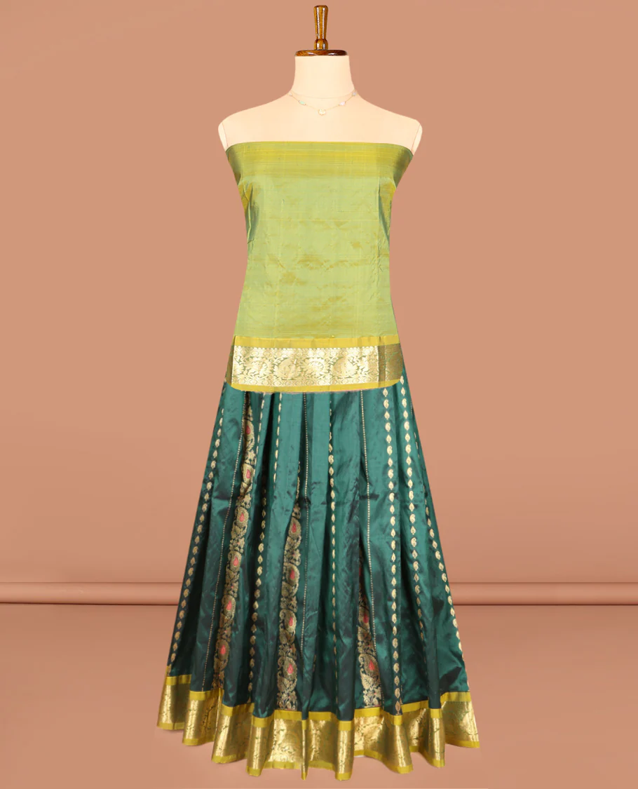 Green Pure Silk Half-Saree, Accentuated with Zari Buttas on Its Body, Complemented by a Contrast Floral and Paisley Design Border, Complemented by a Contrast Blouse, and Paired with a Contrast Dhavani of Jaal Designs - Image 3