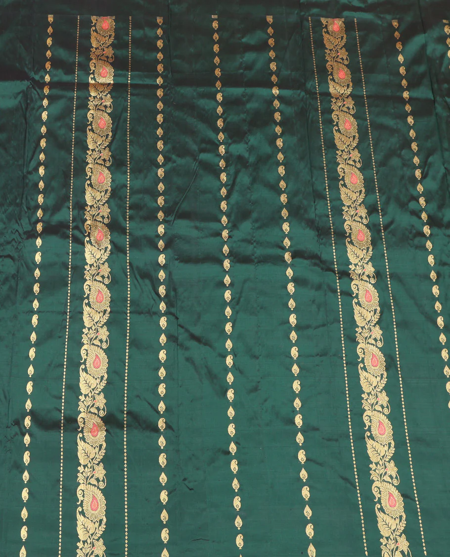 Green Pure Silk Half-Saree, Accentuated with Zari Buttas on Its Body, Complemented by a Contrast Floral and Paisley Design Border, Complemented by a Contrast Blouse, and Paired with a Contrast Dhavani of Jaal Designs - Image 4