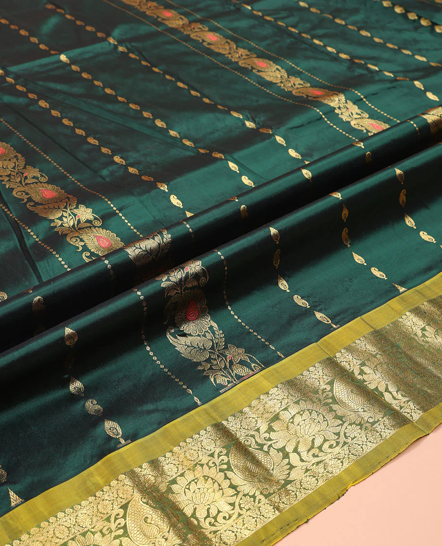 Green Pure Silk Half-Saree, Accentuated with Zari Buttas on Its Body, Complemented by a Contrast Floral and Paisley Design Border, Complemented by a Contrast Blouse, and Paired with a Contrast Dhavani of Jaal Designs - Image 5