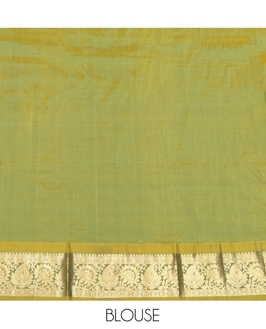 Green Pure Silk Half-Saree, Accentuated with Zari Buttas on Its Body, Complemented by a Contrast Floral and Paisley Design Border, Complemented by a Contrast Blouse, and Paired with a Contrast Dhavani of Jaal Designs - Image 7
