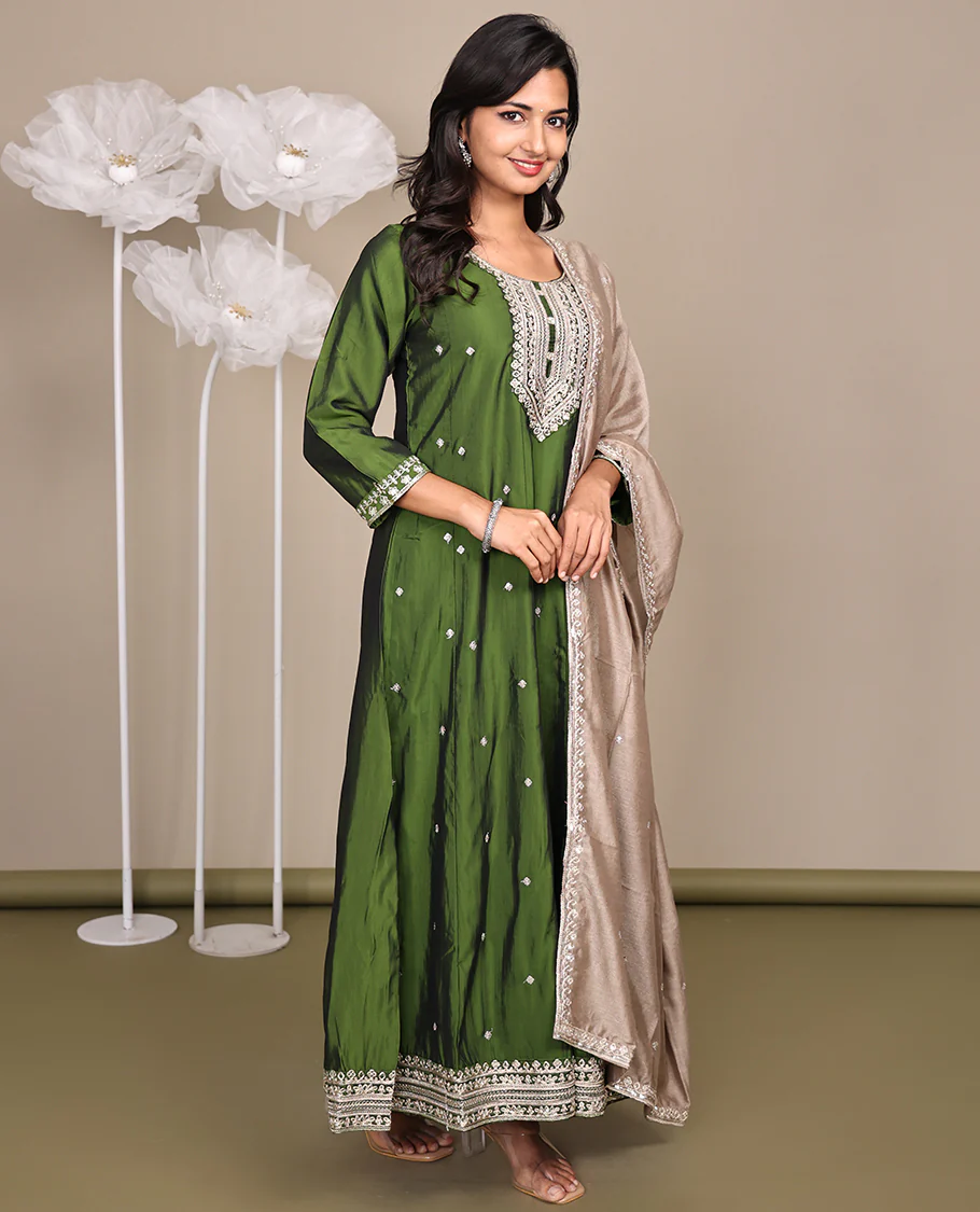 Green Ready-Made Rayon Suit, Delicately Woven with Embroidered Round-Neckline, 3/4 Sleeves, and a Straight-Cut Top, Paired with Straight-Cut Pants and a Contrast Embroidered Dupatta - Image 4