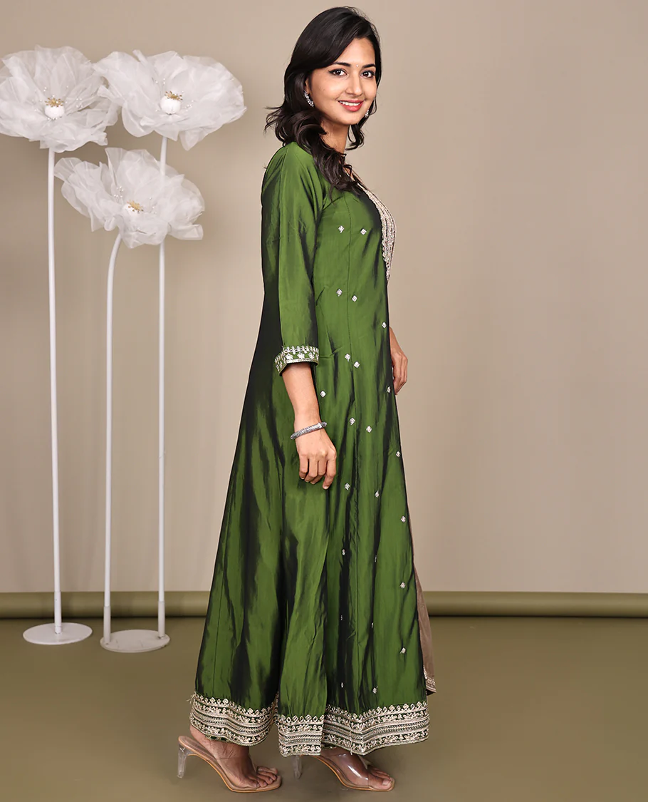 Green Ready-Made Rayon Suit, Delicately Woven with Embroidered Round-Neckline, 3/4 Sleeves, and a Straight-Cut Top, Paired with Straight-Cut Pants and a Contrast Embroidered Dupatta - Image 5