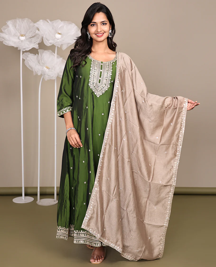Green Ready-Made Rayon Suit, Delicately Woven with Embroidered Round-Neckline, 3/4 Sleeves, and a Straight-Cut Top, Paired with Straight-Cut Pants and a Contrast Embroidered Dupatta - Image 6