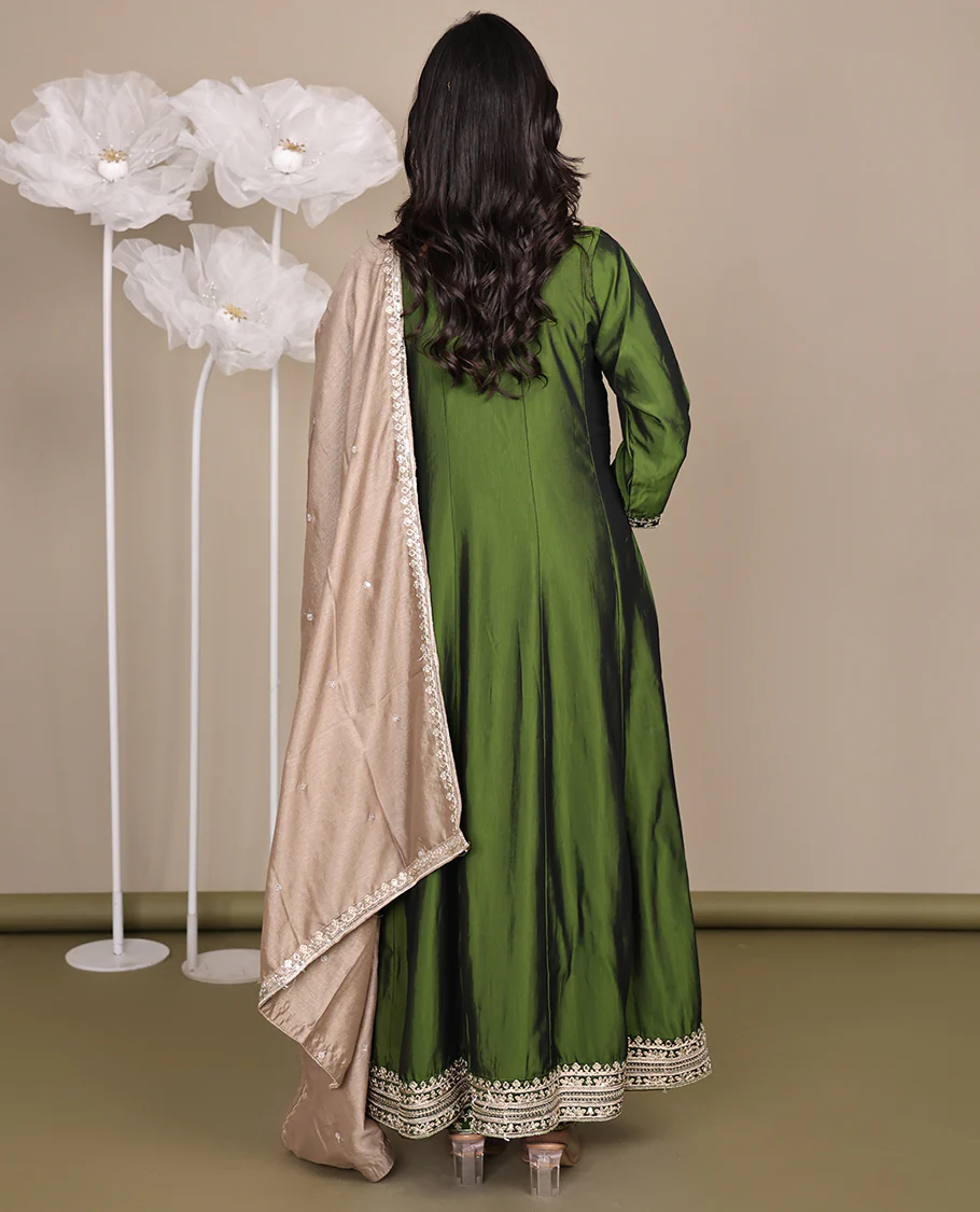 Green Ready-Made Rayon Suit, Delicately Woven with Embroidered Round-Neckline, 3/4 Sleeves, and a Straight-Cut Top, Paired with Straight-Cut Pants and a Contrast Embroidered Dupatta - Image 7