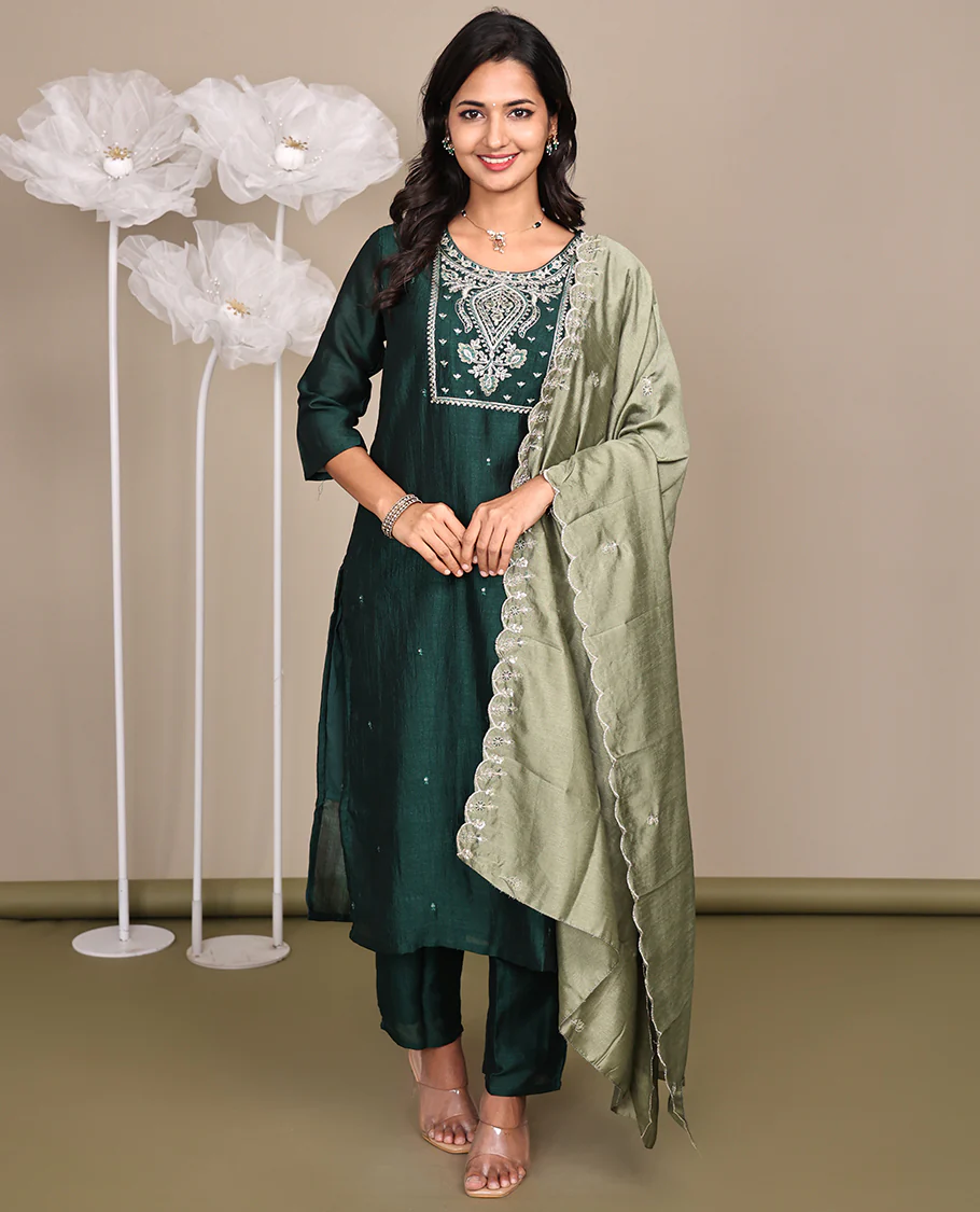Green Ready-Made Rayon Suit, Featuring Embroidered Round Neckline, 3/4 Sleeves, and Straight-Cut Top, Paired with Straight-Cut Pants and a Contrast Embroidered Scallop Dupatta - Image 3