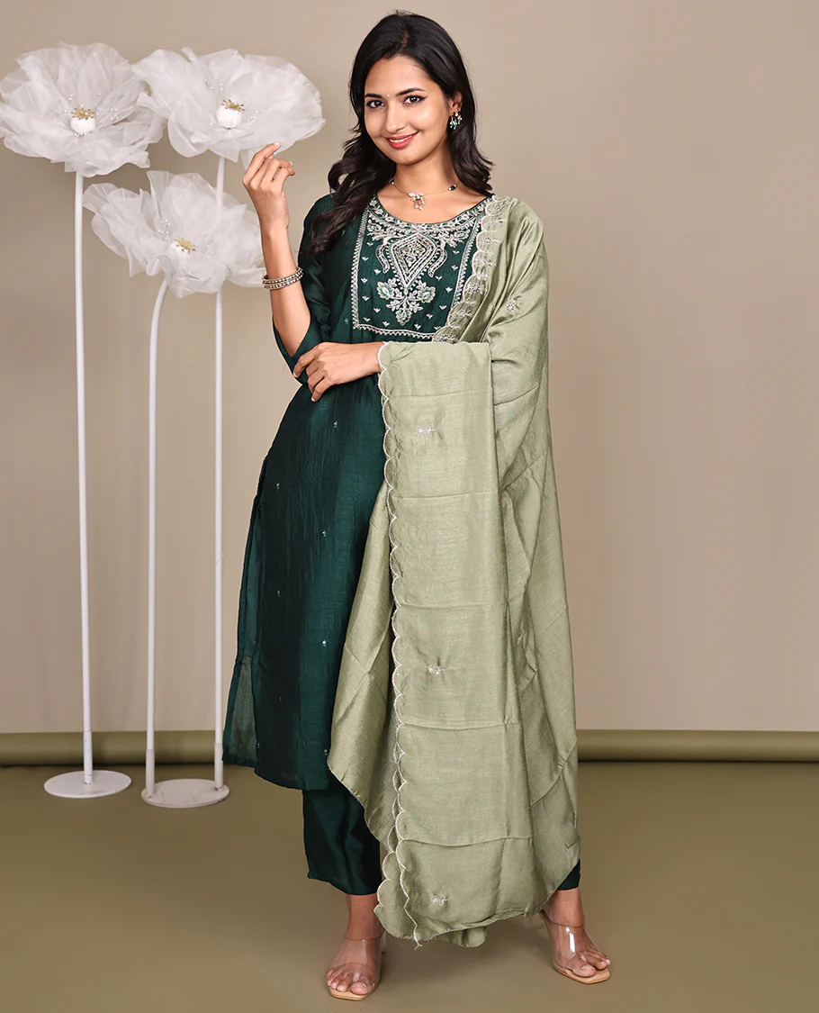 Green Ready-Made Rayon Suit, Featuring Embroidered Round Neckline, 3/4 Sleeves, and Straight-Cut Top, Paired with Straight-Cut Pants and a Contrast Embroidered Scallop Dupatta - Image 4