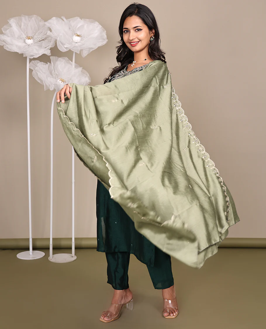 Green Ready-Made Rayon Suit, Featuring Embroidered Round Neckline, 3/4 Sleeves, and Straight-Cut Top, Paired with Straight-Cut Pants and a Contrast Embroidered Scallop Dupatta - Image 5