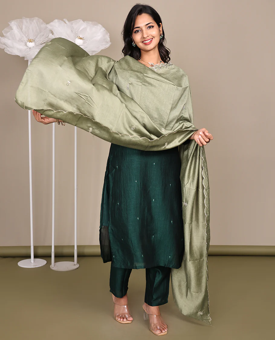 Green Ready-Made Rayon Suit, Featuring Embroidered Round Neckline, 3/4 Sleeves, and Straight-Cut Top, Paired with Straight-Cut Pants and a Contrast Embroidered Scallop Dupatta - Image 6
