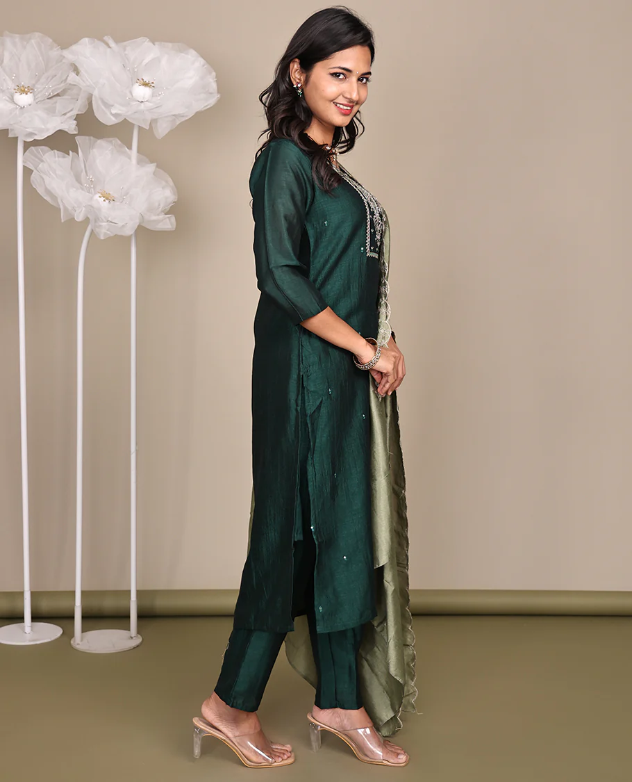 Green Ready-Made Rayon Suit, Featuring Embroidered Round Neckline, 3/4 Sleeves, and Straight-Cut Top, Paired with Straight-Cut Pants and a Contrast Embroidered Scallop Dupatta - Image 7