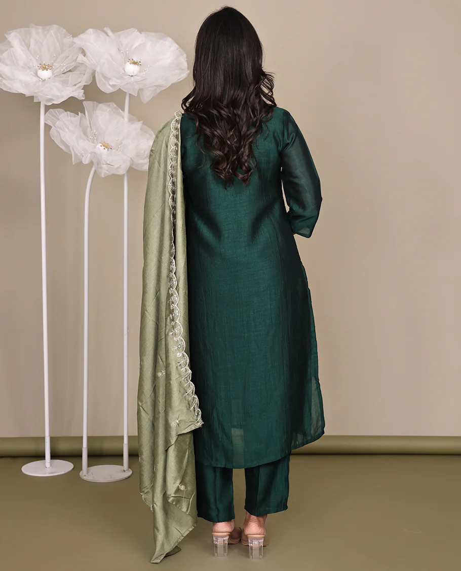 Green Ready-Made Rayon Suit, Featuring Embroidered Round Neckline, 3/4 Sleeves, and Straight-Cut Top, Paired with Straight-Cut Pants and a Contrast Embroidered Scallop Dupatta - Image 8