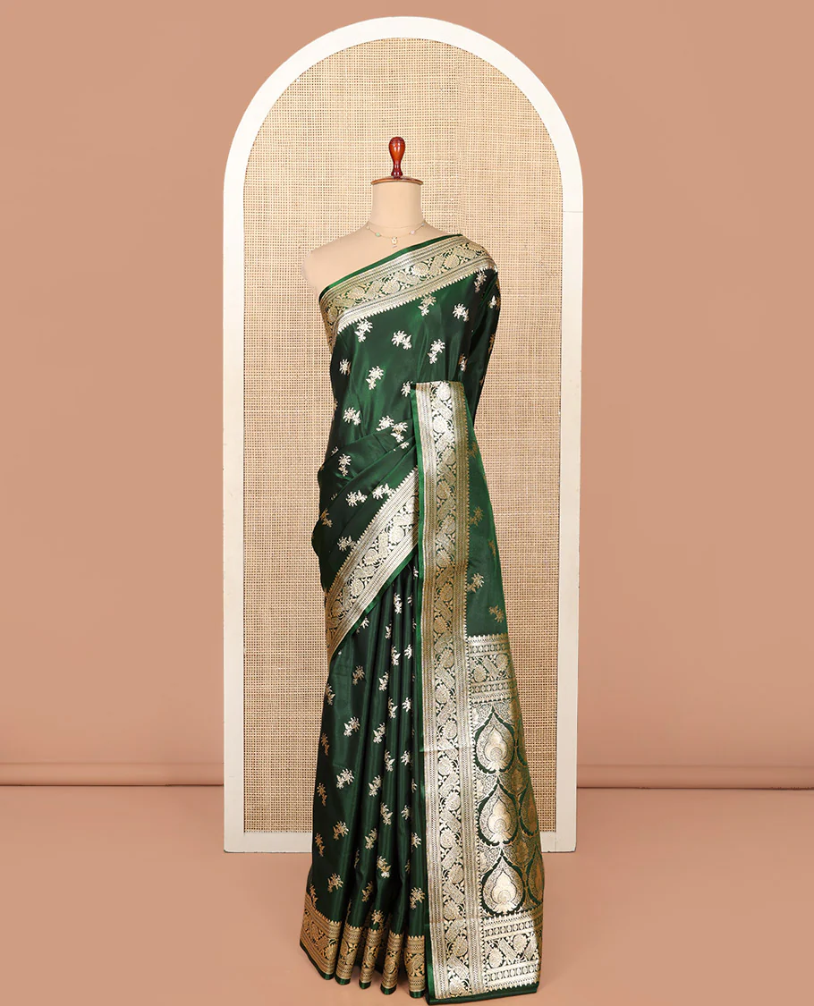 Green Semi-Banaras Saree, Spotlighted with Floral Buttas on Its Body, Highlighted by a Floral Creeper Border, Intricately Designed Pallu, and Paired with a Matching Blouse - Image 3