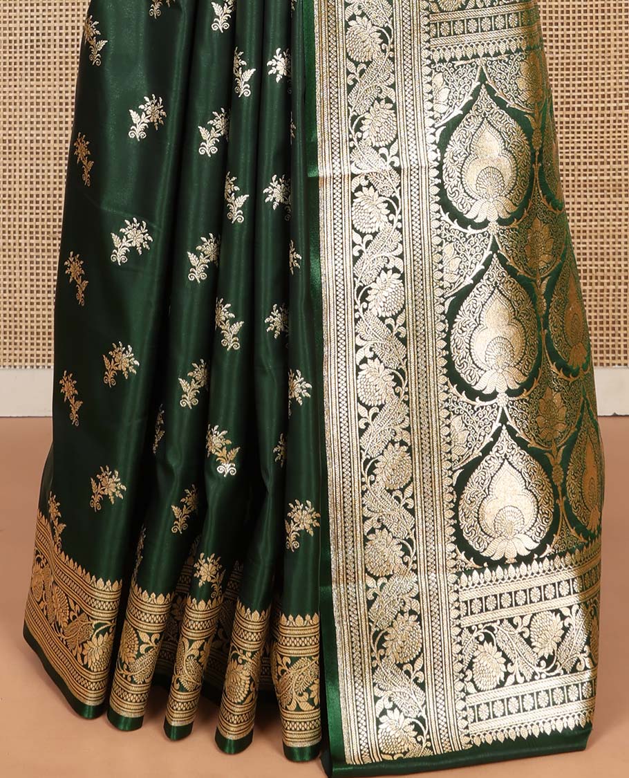 Green Semi-Banaras Saree, Spotlighted with Floral Buttas on Its Body, Highlighted by a Floral Creeper Border, Intricately Designed Pallu, and Paired with a Matching Blouse - Image 4