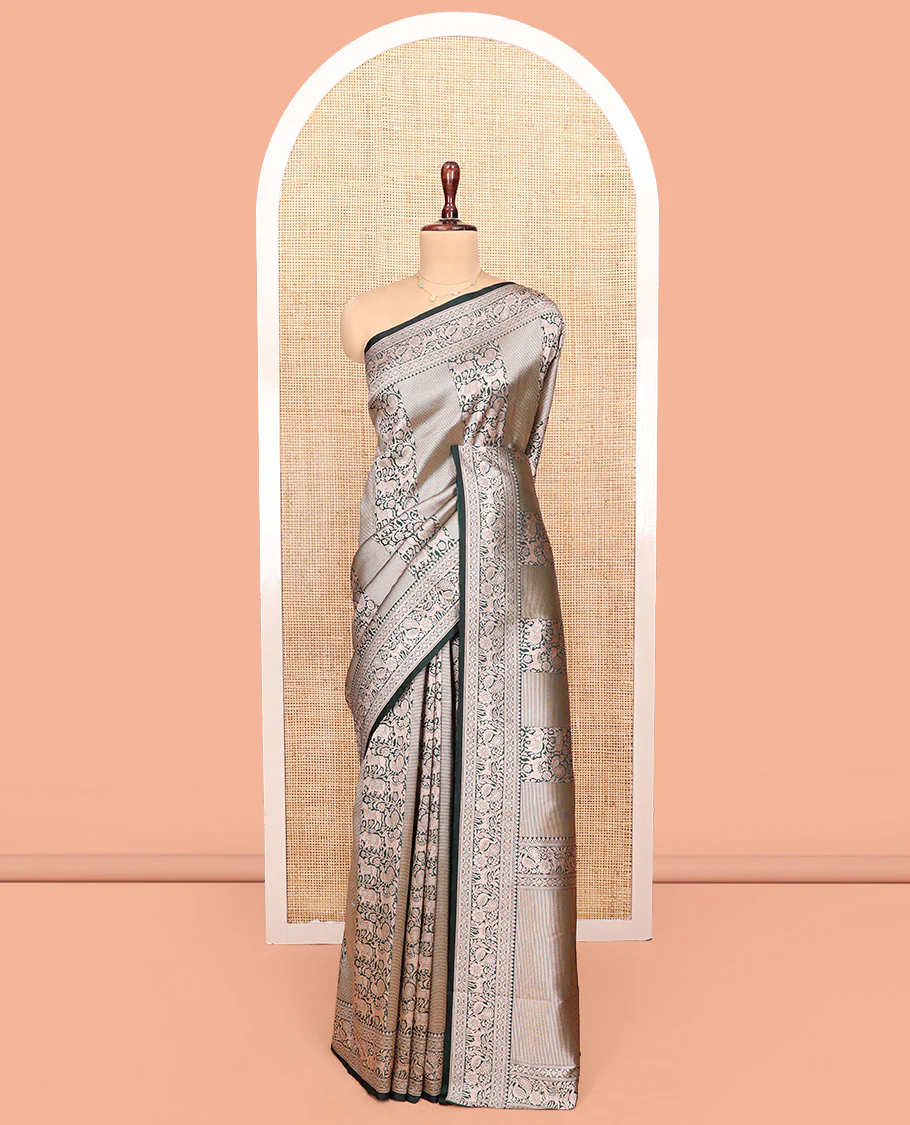 Green Semi-Banaras Silk Saree, Finely Designed with Animal-themed Jacquard Designs on Its Body, Highlighted by a Zari Border of Traditional Designs, Pallu Steeped with Stripes, and Paired with a Matching Blouse - Image 3