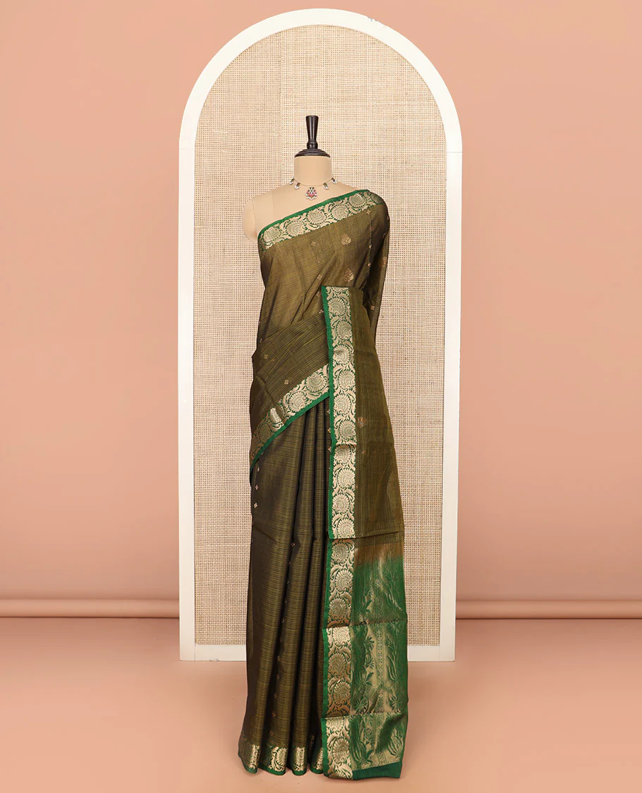 Green Silk Cotton Saree Detailed with Buttas All Over the Body, Complemented by a Contrast Floral Creeper Zari Border, Featuring a Contrast Pallu of Floral Zari Designs, and Paired with a Contrast Blouse - Image 3