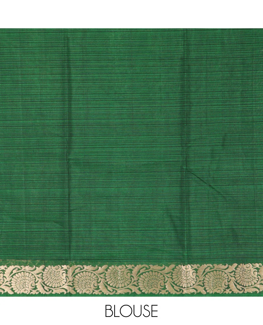 Green Silk Cotton Saree Embellished with Buttas All Over the Body, Complemented by a Contrast Floral Creeper Zari Border, Featuring a Contrast Pallu of Floral Zari Designs, and Paired with a Contrast Blouse - Image 4