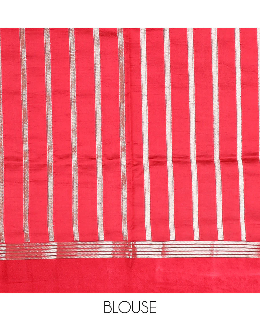 Green striped, floral design raw mango silk saree with self border & jaal design pallu - Image 6