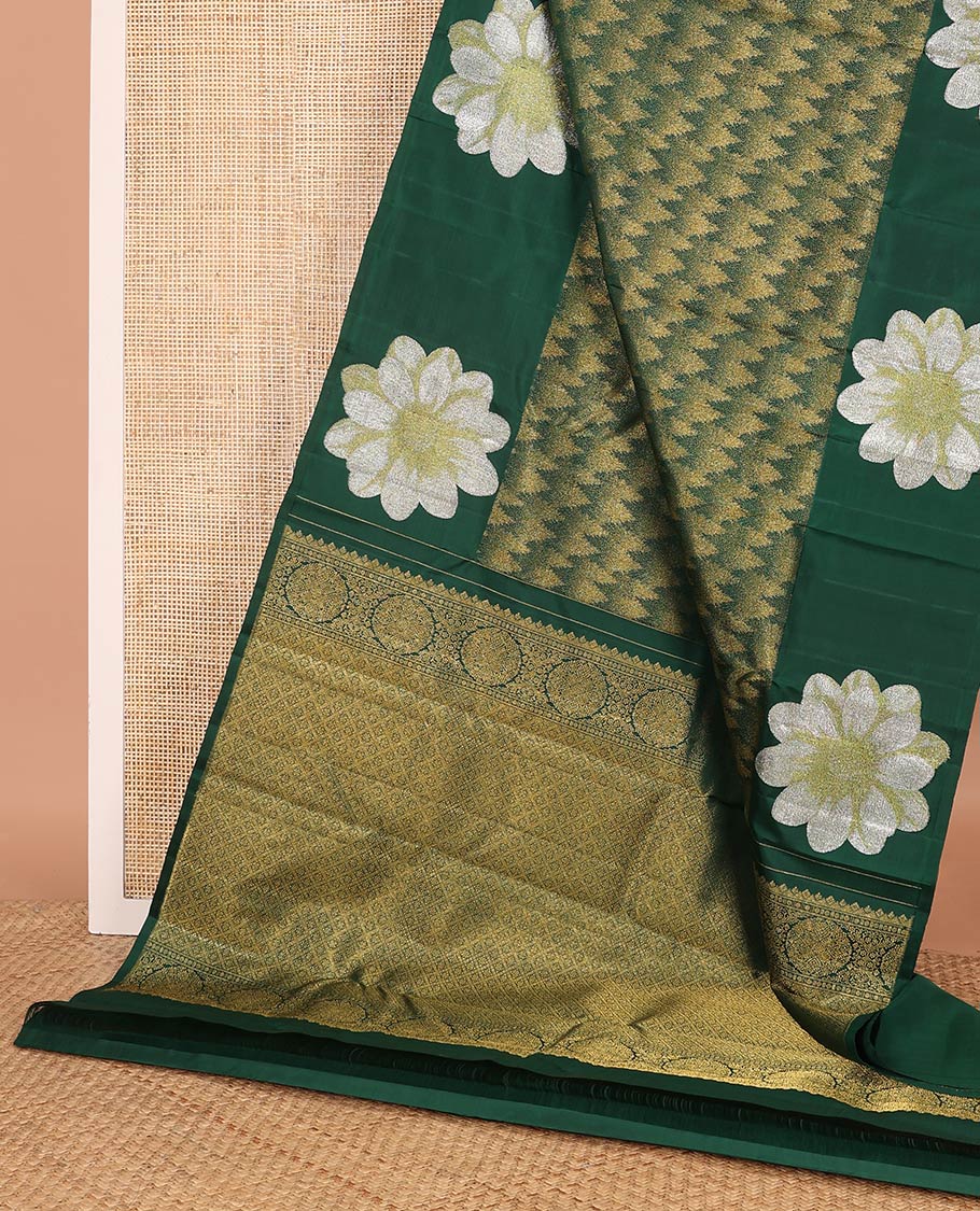 Green tree motifs Kanchipuram designer saree, big marigold floral motifs woven border, and jaal pallu - Image 3