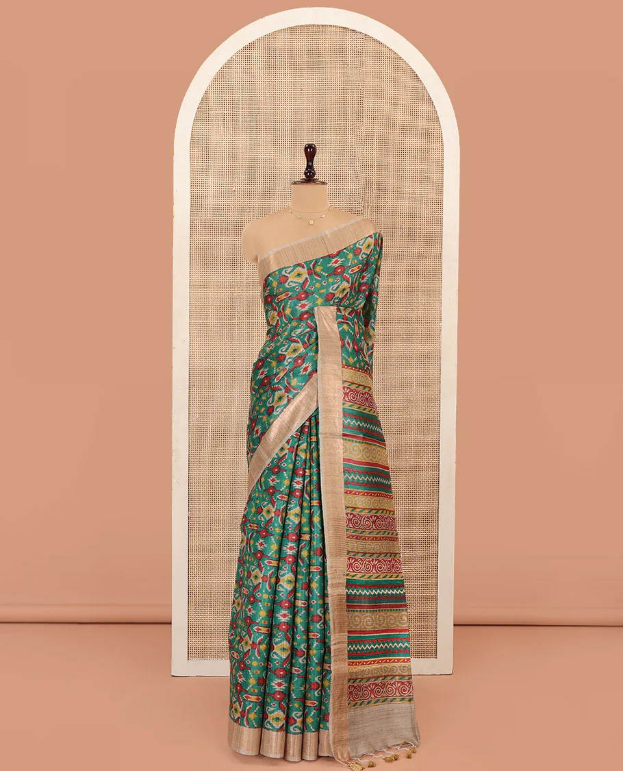 Green Tussar Silk Saree Delicately Printed with Ikkat Geometric Patterns, Complemented by a Contrast Border, Pallu of Colorful Geometric Print, Paired with a Contrast Blouse - Image 3