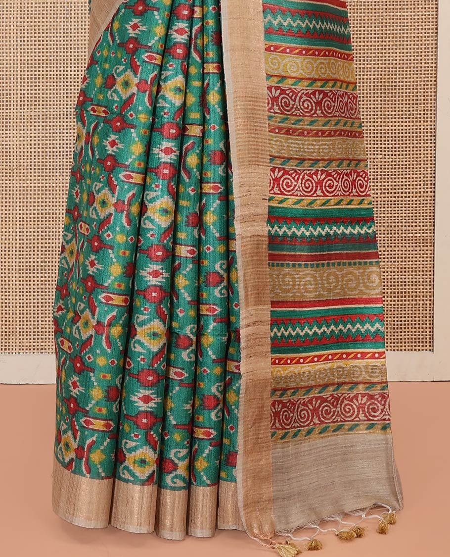 Green Tussar Silk Saree Delicately Printed with Ikkat Geometric Patterns, Complemented by a Contrast Border, Pallu of Colorful Geometric Print, Paired with a Contrast Blouse - Image 4