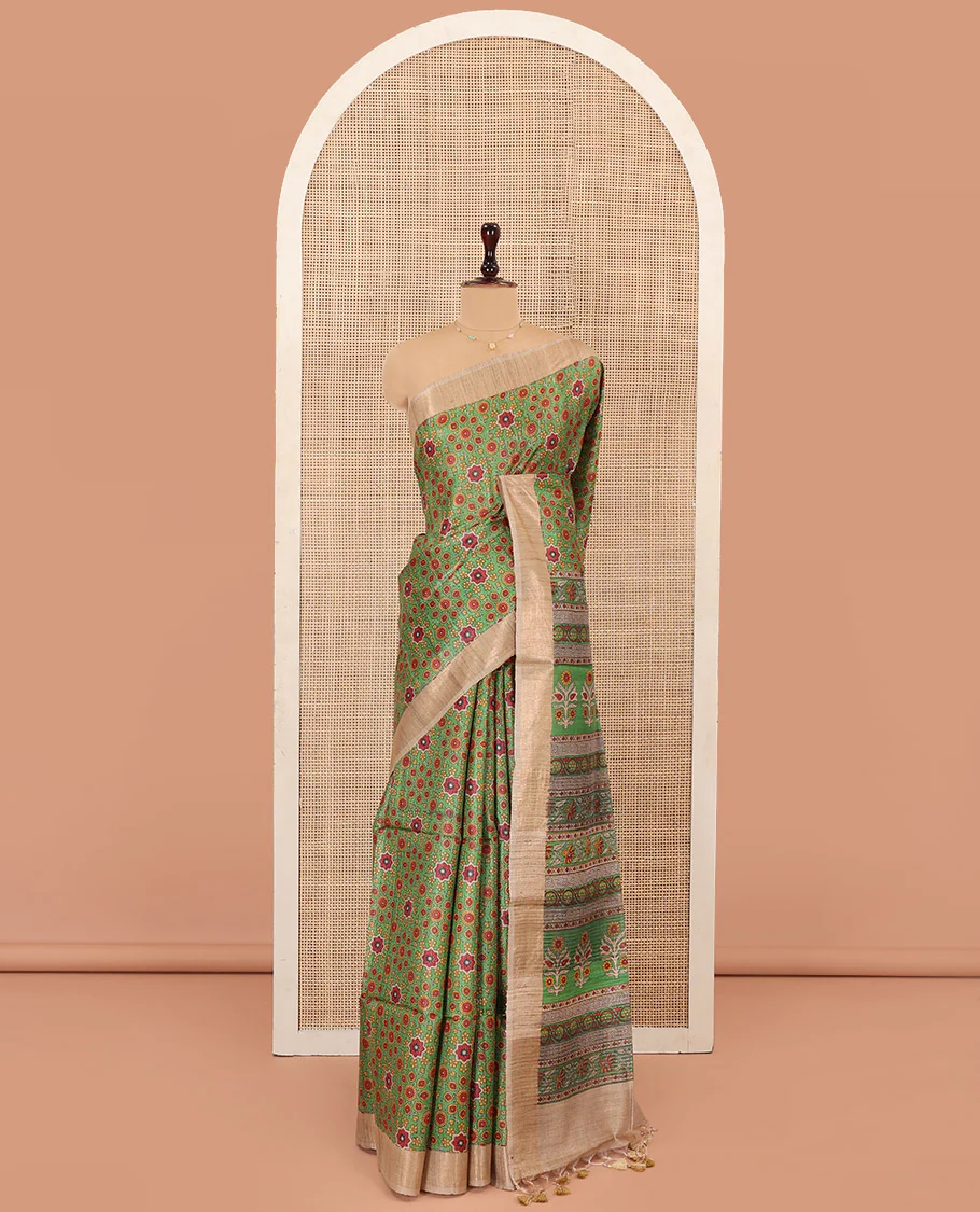 Green Tussar Silk Saree Enlivened with Ajrakh-Style Motifs Print, Complemented by Contrast Border, Pallu Featuring Floral and Geometric Print, Paired with a Contrast Blouse - Image 3
