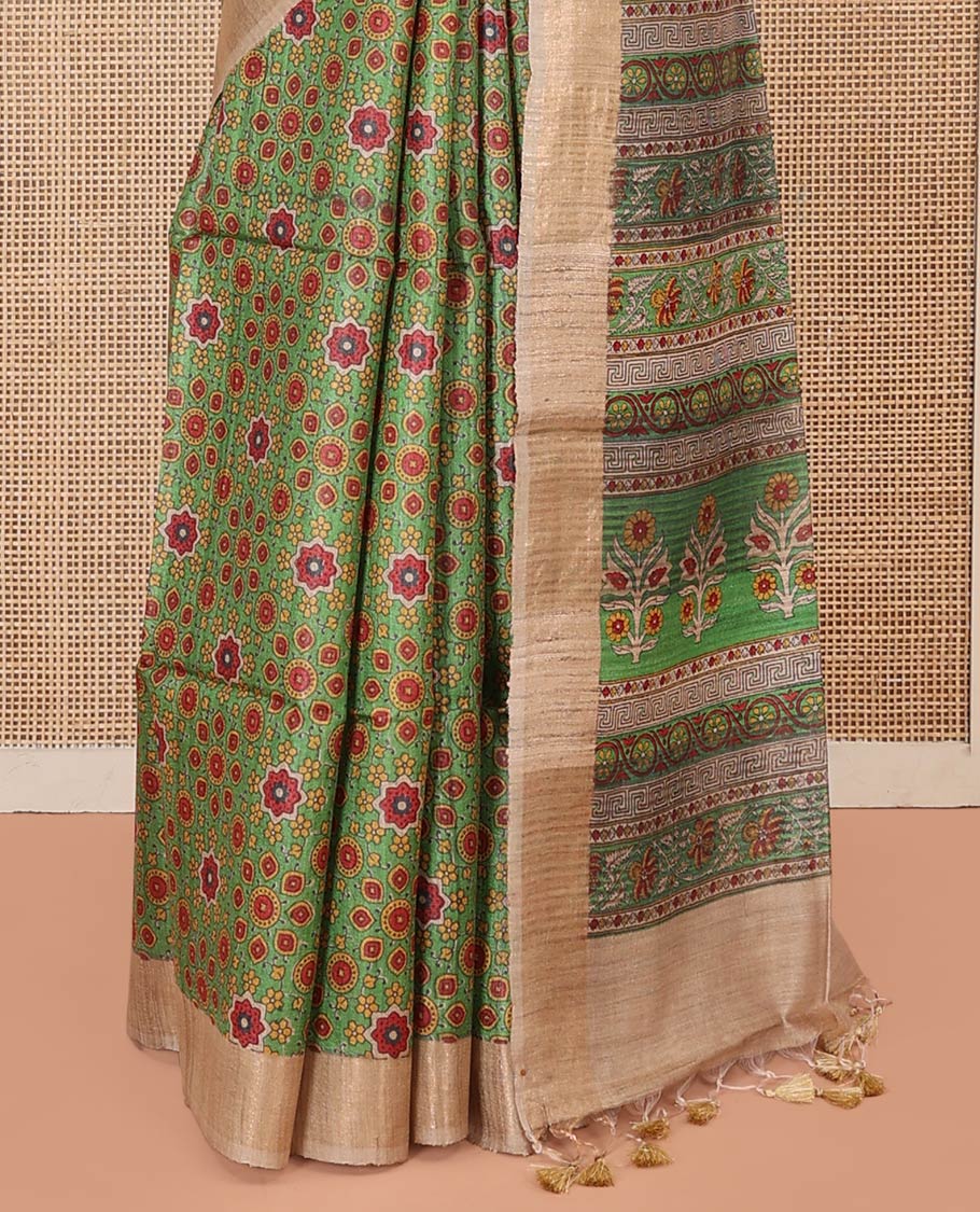 Green Tussar Silk Saree Enlivened with Ajrakh-Style Motifs Print, Complemented by Contrast Border, Pallu Featuring Floral and Geometric Print, Paired with a Contrast Blouse - Image 4