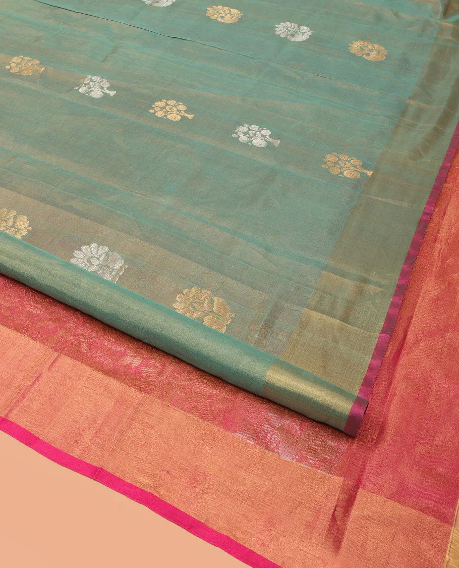 Green Uppada Silk Saree Bedecked with Zari Buttas, Complemented by Bavanji Border, Captivating Contrast Pallu of Floral-Paisley Design Weave, and Paired with a Contrast Blouse - Image 3