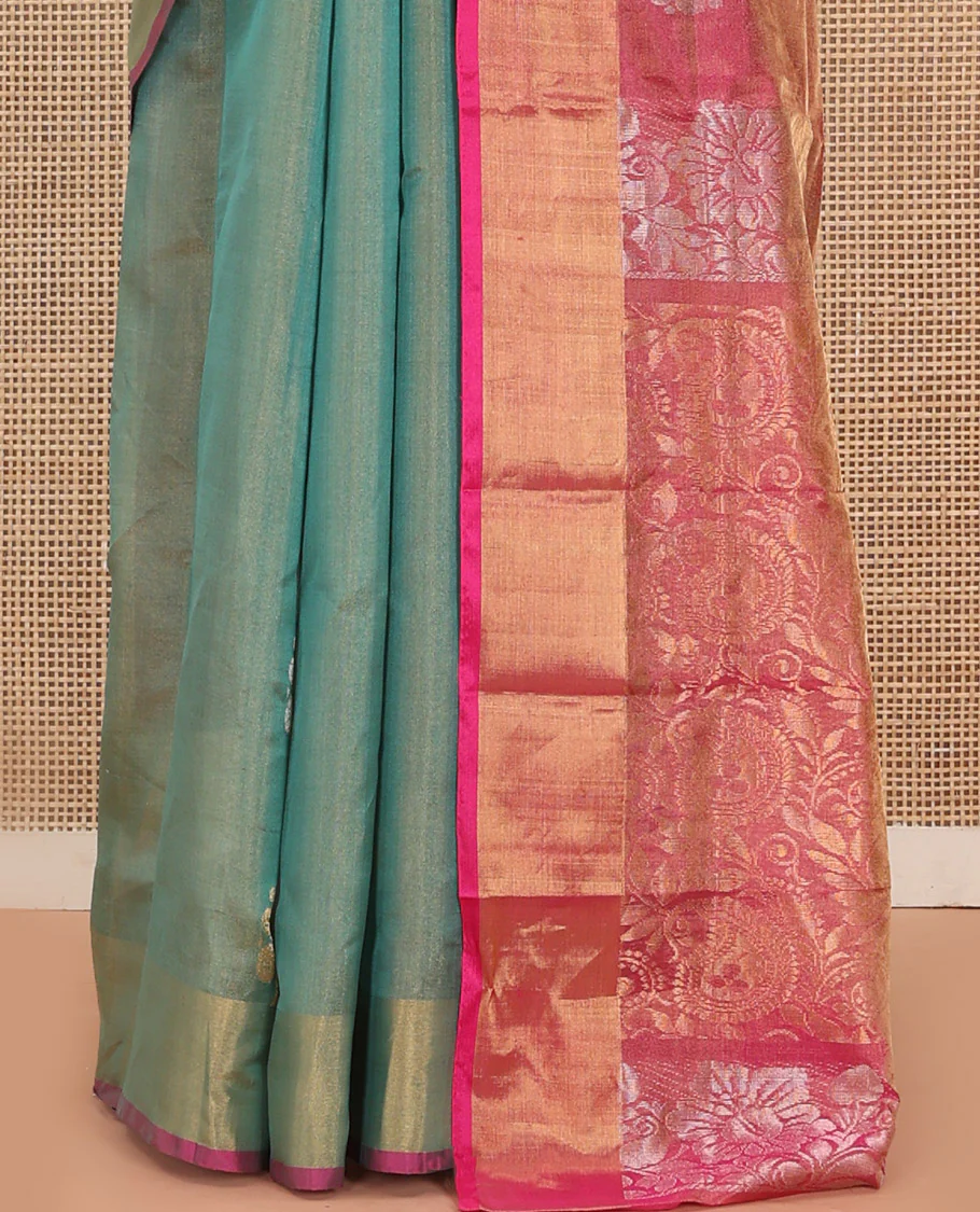Green Uppada Silk Saree Bedecked with Zari Buttas, Complemented by Bavanji Border, Captivating Contrast Pallu of Floral-Paisley Design Weave, and Paired with a Contrast Blouse - Image 5