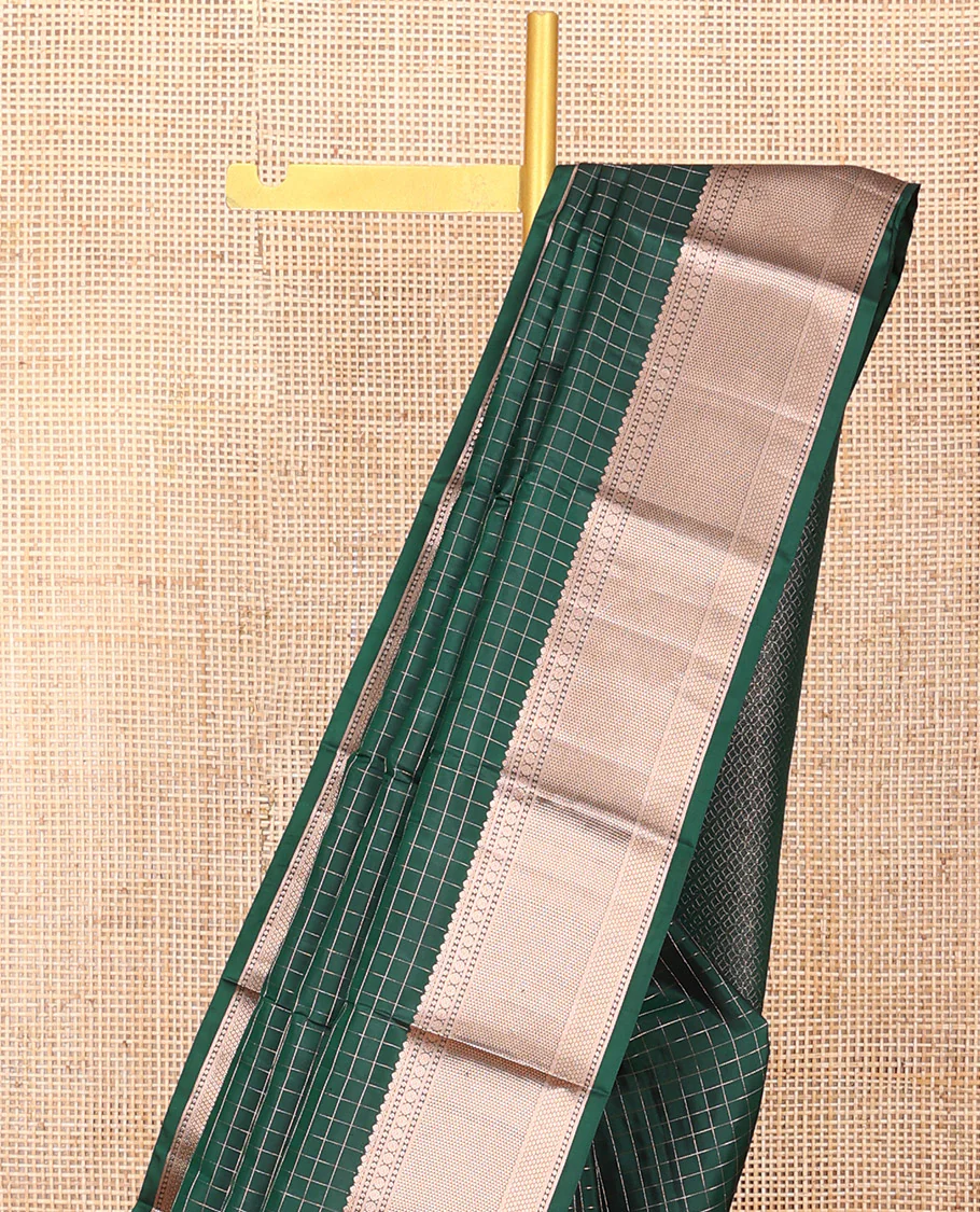 Green Vasundhara Silk Saree Beautifully Bedecked with Checks, Highlighted by a Zari Border of Rudraksham, Ara Maadam, and Mayil Kann Designs, Delicately Woven Geometric Patterned Pallu, and Paired with a Matching Blouse - Image 3