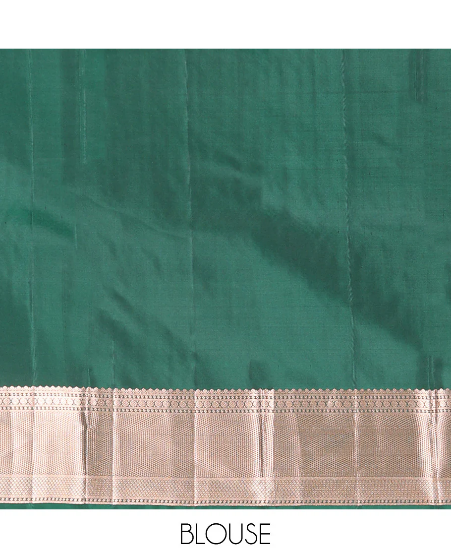 Green Vasundhara Silk Saree Beautifully Bedecked with Checks, Highlighted by a Zari Border of Rudraksham, Ara Maadam, and Mayil Kann Designs, Delicately Woven Geometric Patterned Pallu, and Paired with a Matching Blouse - Image 6