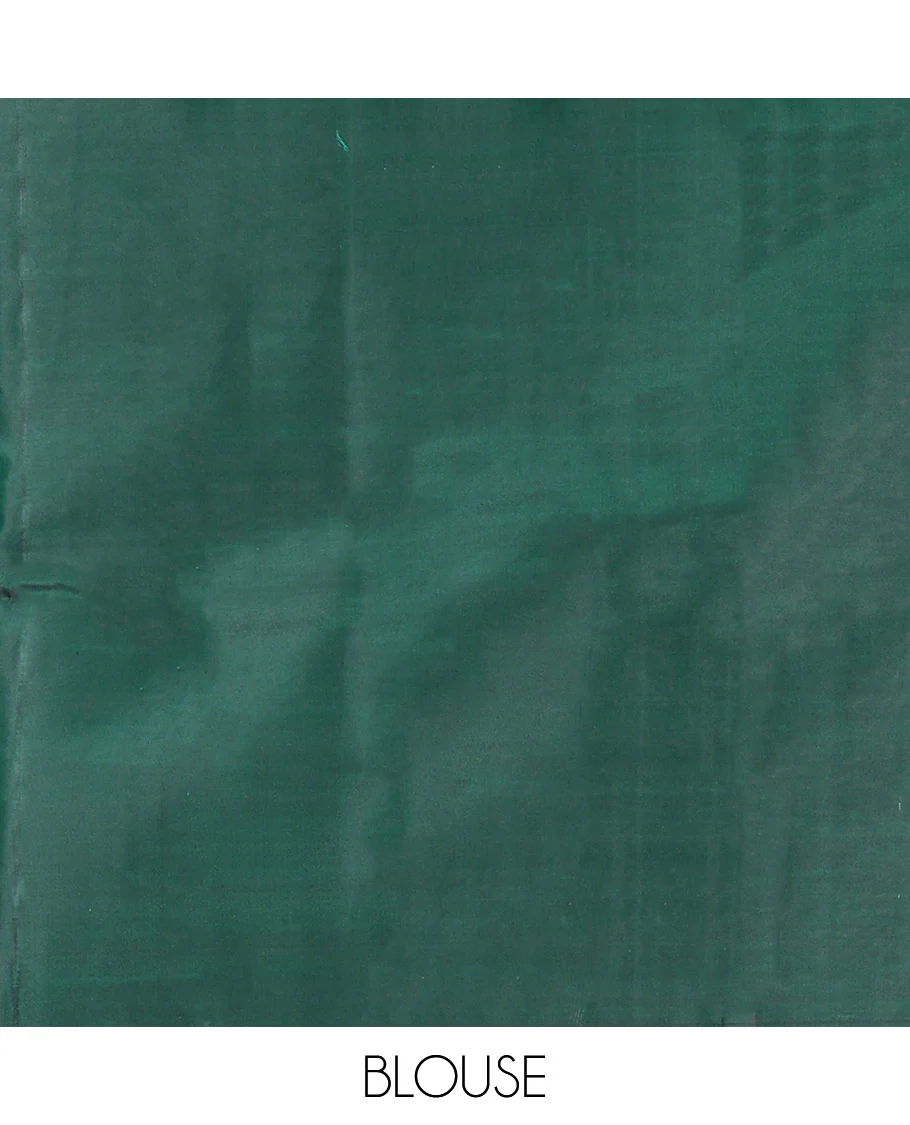 Green Vasundhara Silk Saree Creatively Designed with Thazampoo Rekku Buttas and Vel Buttas, Highlighted with a Zari Border of Manga, Muthu, Kathir, Neli, and Vanki Designs, Subtly Sparkled Pallu of Jaal Design, and Paired with a Matching Blouse - Image 6