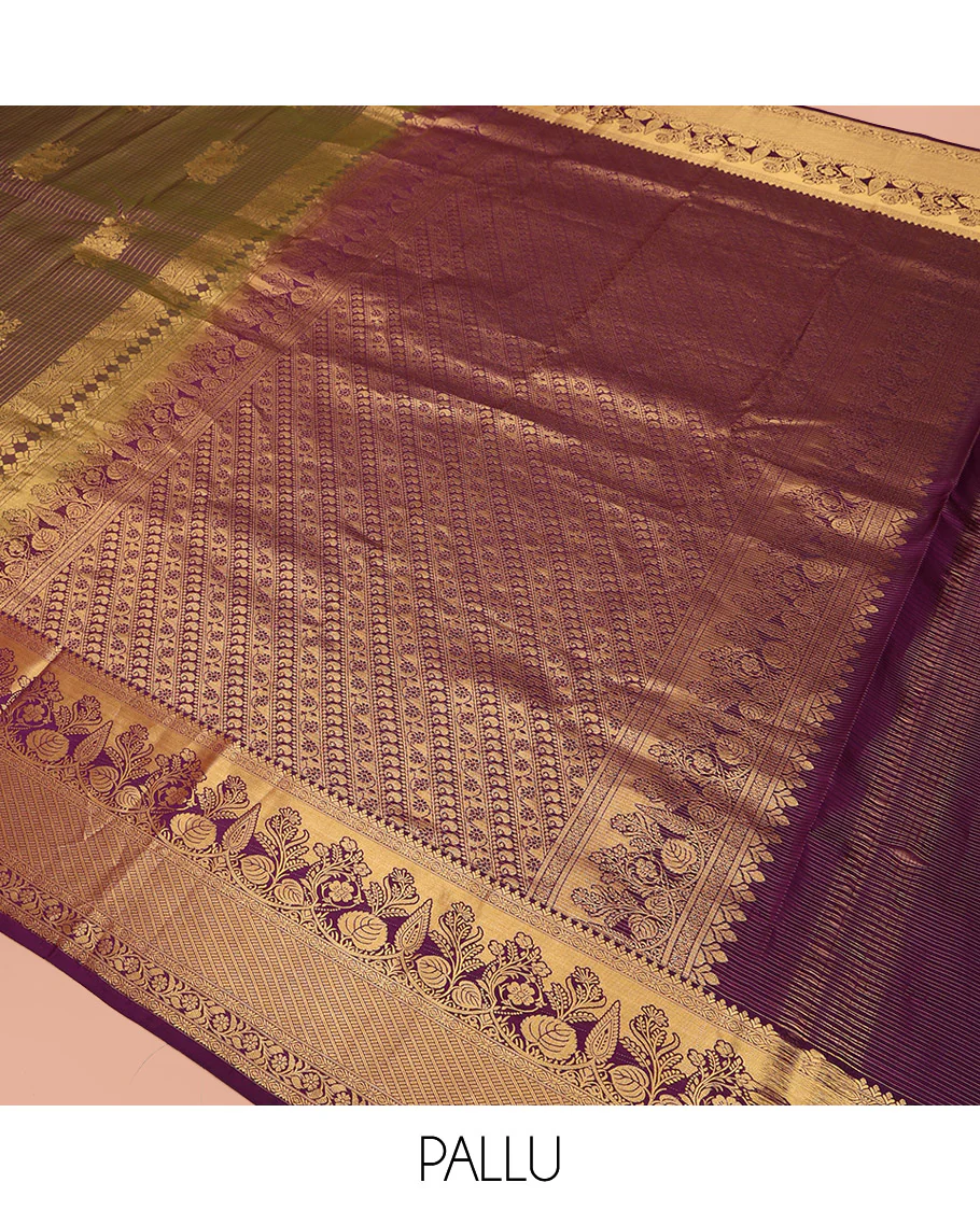 Green Vasundhara Silk Saree Elegantly Embellished with Floral Zari Buttas and Zari Checks, Highlighted by a Contrast Border of Traditional Zari Designs, Pallu Steeped with Manga and Kodi Vivsy Designs, and Paired with a Contrast Blouse - Image 5