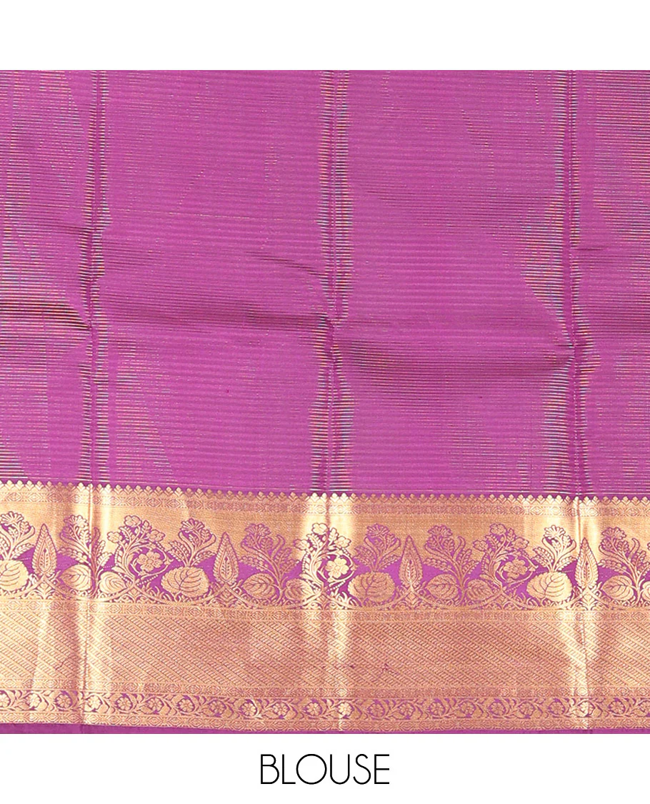 Green Vasundhara Silk Saree Elegantly Embellished with Floral Zari Buttas and Zari Checks, Highlighted by a Contrast Border of Traditional Zari Designs, Pallu Steeped with Manga and Kodi Vivsy Designs, and Paired with a Contrast Blouse - Image 6