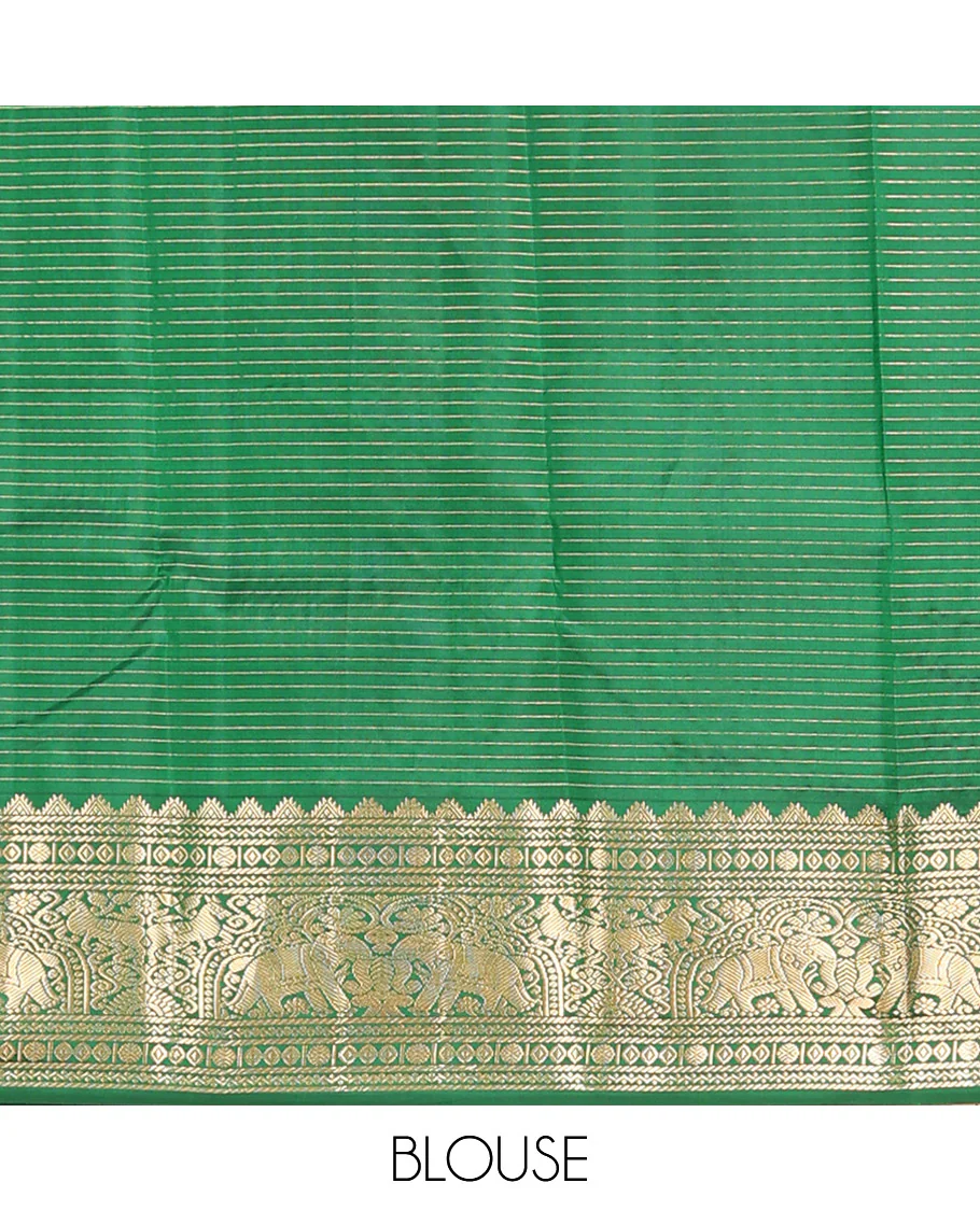 Green Vasundhara Silk Saree Gleamed Up with Zari Checks and Annam Chakram Buttas, Complemented by a Zari Border of Thazampoo Rekku, Neli, Rudraksham, Diamond and Yaanai Designs, Zari Embellished Pallu of Jaal Designs, and Paired with a Matching Blouse - Image 6
