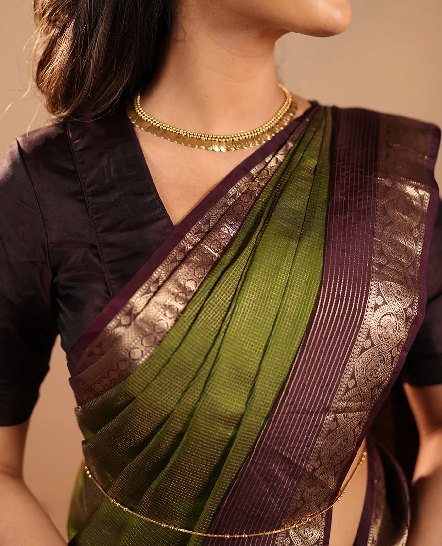 Green Vasundhara Silk Saree Mesmerized with Zari Micro-Checks All Over Its Body, Complemented by a   Contrast Border of Rekku, Kamalam, Mayil Kann, Yaanai and Mayil Designs, Subtly Sparkled Pallu of Jaal Designs, and Paired with a Contrast Blouse - Image 5