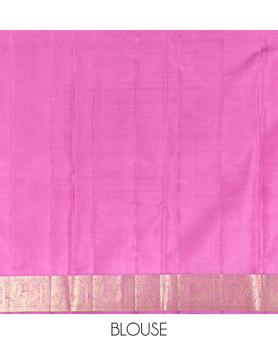 Green yaanai and mayil buttas Vasundhara silk saree, contrast border of muthu, kathir, mayil, and yaanai designs, and diagonal striped pallu - Image 6