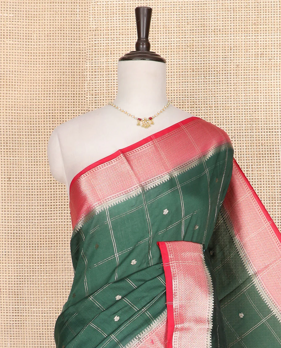 Green zari buttas and checked Assam silk saree, contrast traditional zari border, and pallu of zari designs - Image 2