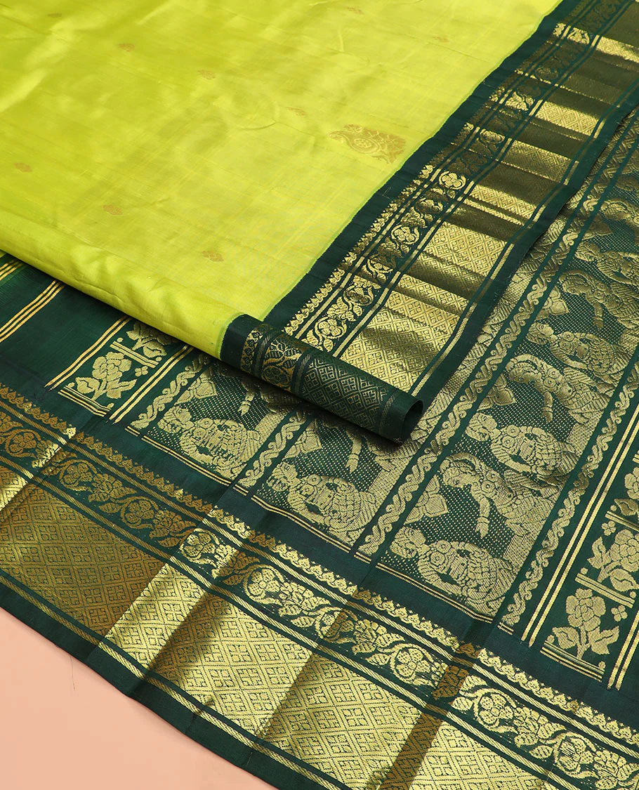 Green zari buttas Kanchipuram silk saree, contrast korvai border of thilakam mokku, kodi visiry, and jaal designs, and pallu of ancient human figurines - Image 2