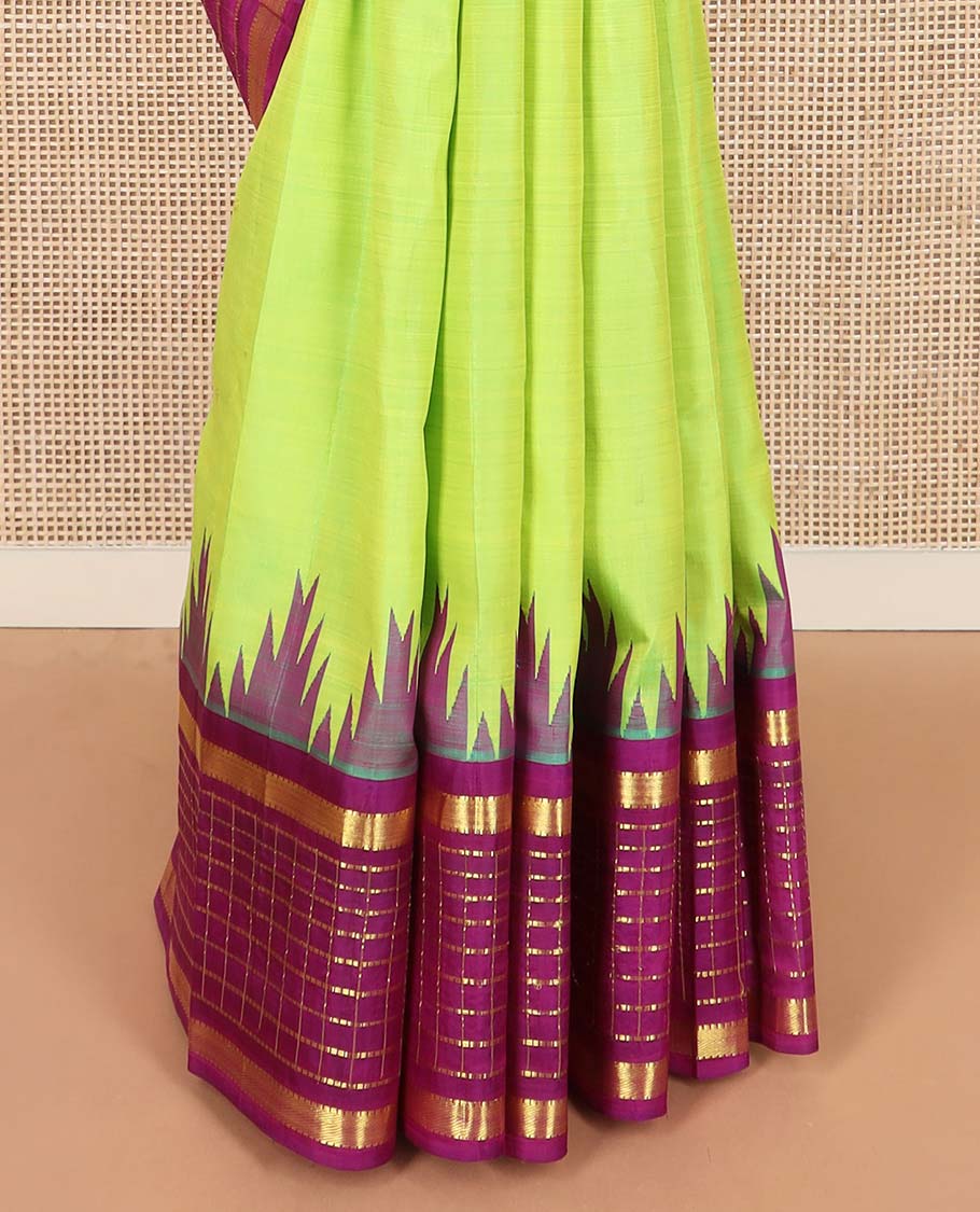 Green zari buttas Kanchipuram silk saree, contrast thazampoo rekku one-sided border of muthu, and muthu kattam designs, and pallu of pillaiyar mokku designs - Image 4