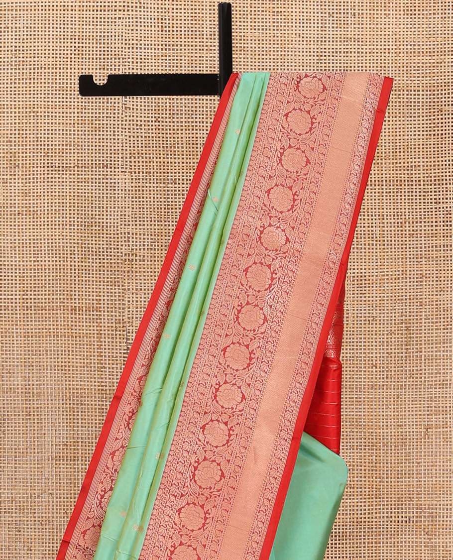 Green zari buttas katan silk saree, contrast traditional border of floral creeper design, and floral jaal pallu - Image 3