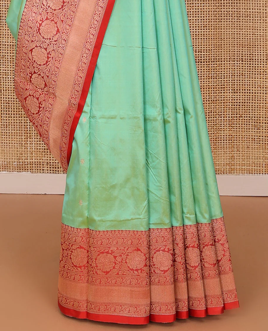 Green zari buttas katan silk saree, contrast traditional border of floral creeper design, and floral jaal pallu - Image 4