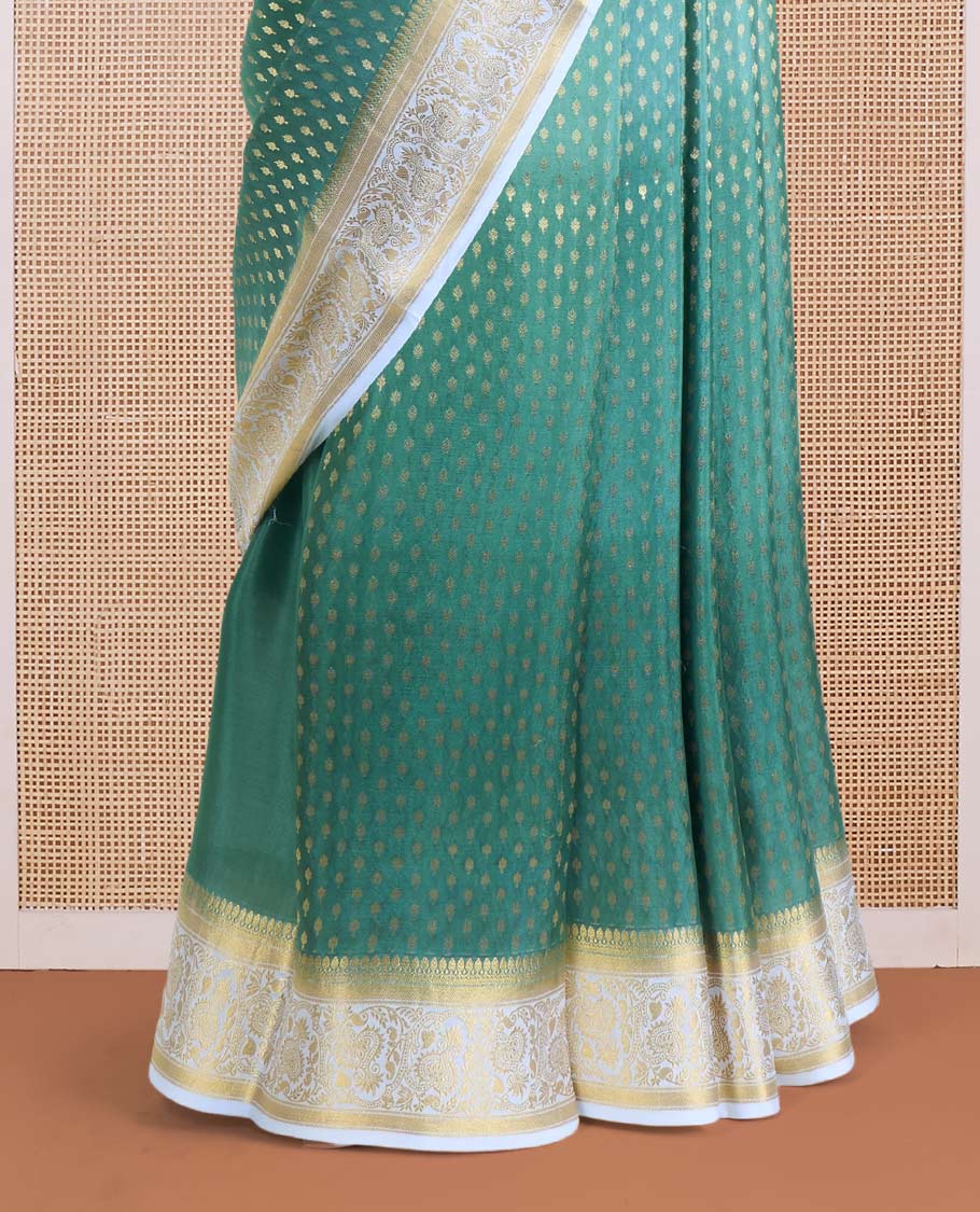 Green zari buttas Mysore silk saree, contrast traditional design border, and scallop design pallu - Image 4