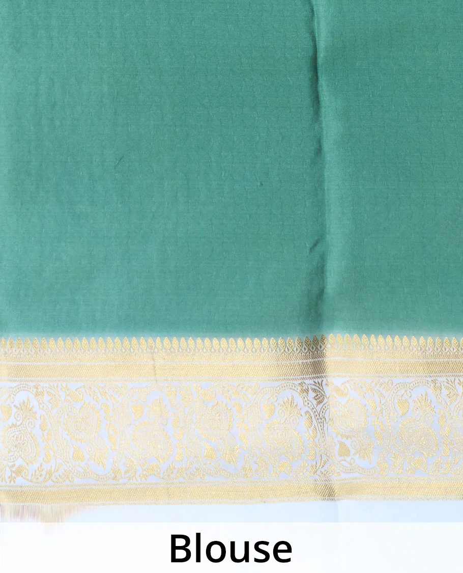 Green zari buttas Mysore silk saree, contrast traditional design border, and scallop design pallu - Image 5