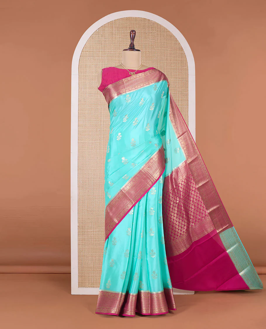 Green zari buttas Mysore silk saree, contrast traditional zari border, and jaal pallu - Image 2