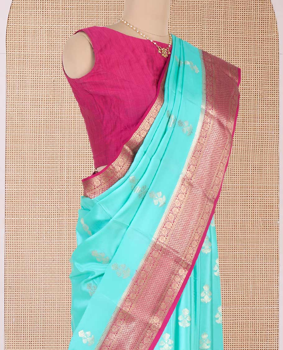 Green zari buttas Mysore silk saree, contrast traditional zari border, and jaal pallu - Image 3
