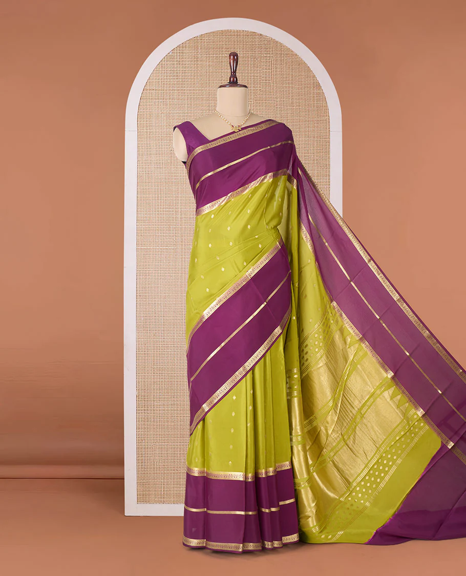 Green zari buttas Mysore silk saree, contrast traditional zari border, and pallu of Temple design in thick zari - Image 2