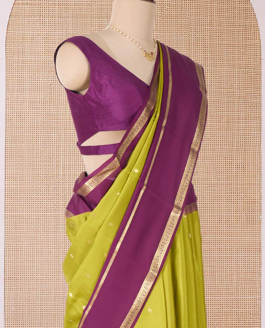 Green zari buttas Mysore silk saree, contrast traditional zari border, and pallu of Temple design in thick zari - Image 3