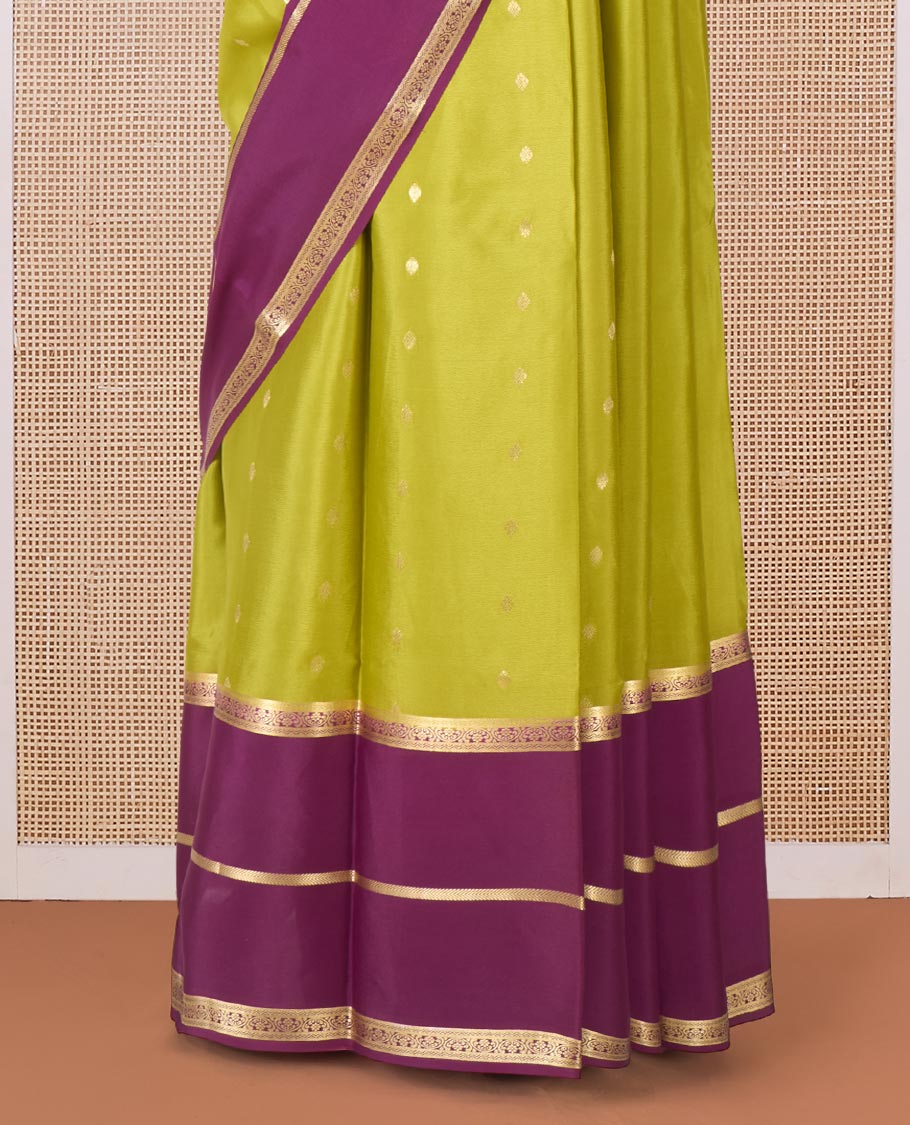 Green zari buttas Mysore silk saree, contrast traditional zari border, and pallu of Temple design in thick zari - Image 4