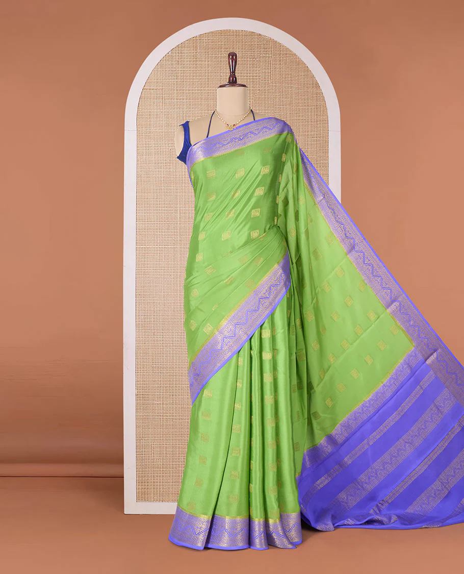 Green zari buttas Mysore silk saree, contrast traditional zari border, and traditional zari designs woven pallu - Image 2